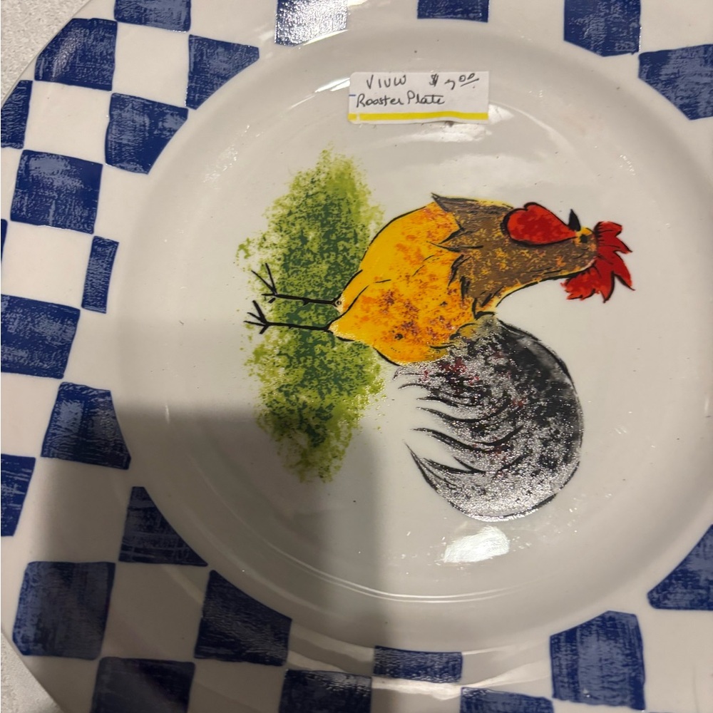 Rooster Plate with Blue Checkered Design